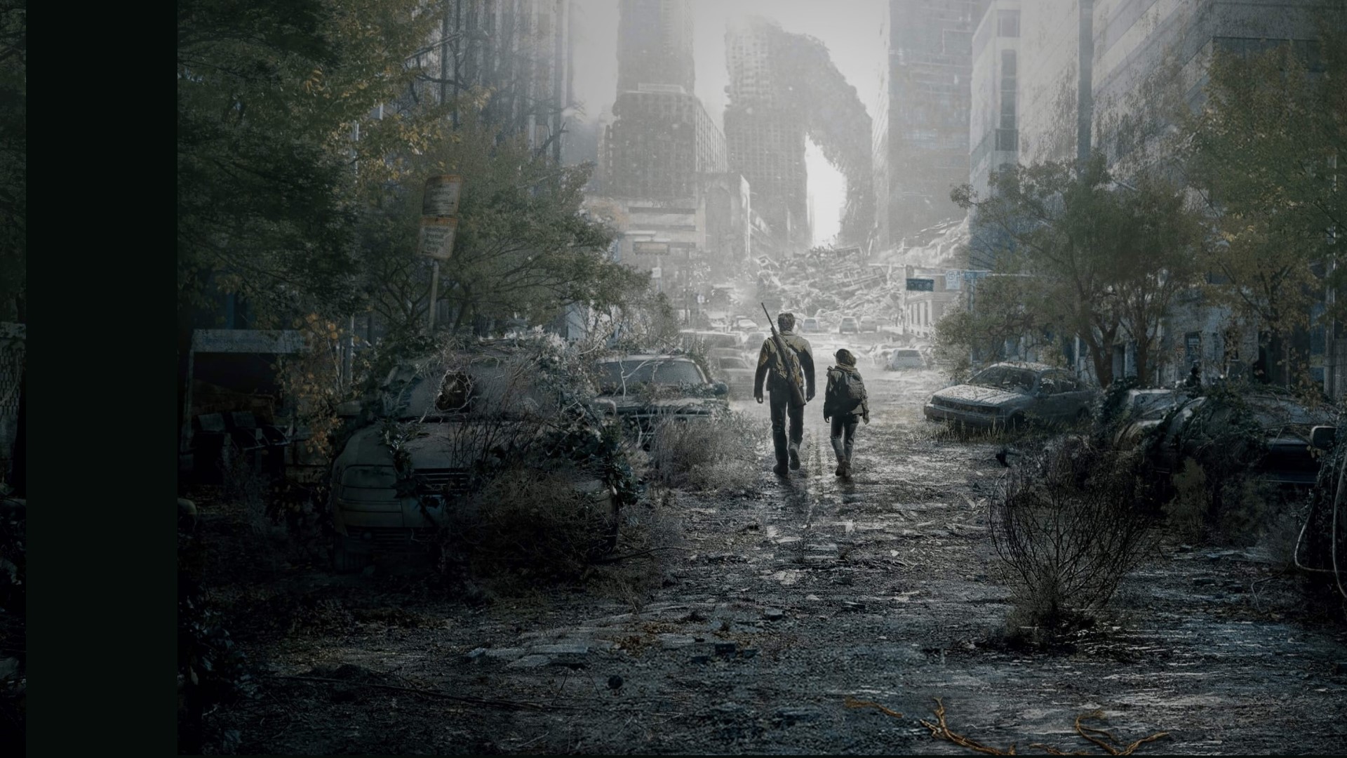 Ellie e Joel caminhado em uma cidade destruida